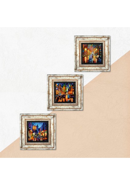 Köprü Manzarası, Sokak Manzarası, Fenerler Tablosu Taş Duvar Tablosu Çerçeveli Duvar Dekoru 3 Parça Tablo Seti Wall Art T3-1876