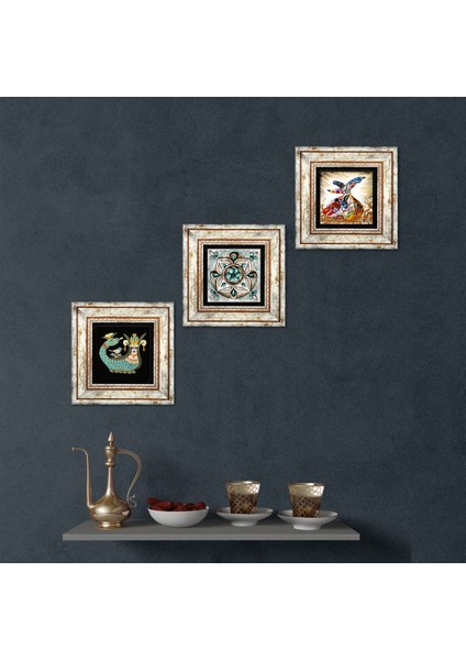 Çini Sanatı, Şahmeran, Semazen Çerçeveli Taş Duvar Tablosu 3’lü Set - Dekoratif Modern Sanat, Ev ve Ofis Dekoru |TK3-267|