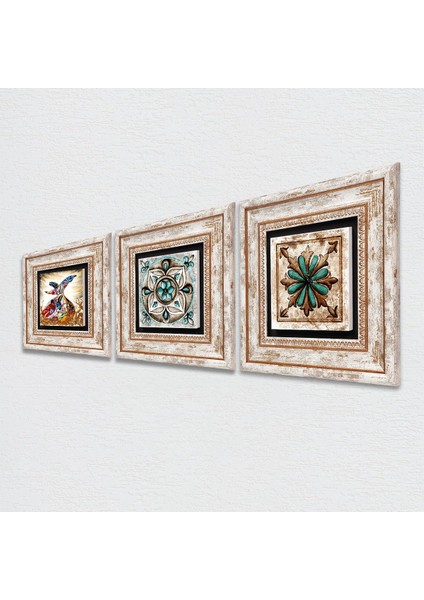 Fas Desenli Vintage, Çini Sanatı, Semazen Taş Duvar Tablosu Çerçeveli Duvar Dekoru 3 Parça Tablo Seti Wall Art T3-269