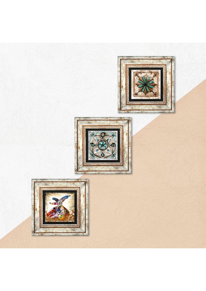 Fas Desenli Vintage, Çini Sanatı, Semazen Taş Duvar Tablosu Çerçeveli Duvar Dekoru 3 Parça Tablo Seti Wall Art T3-269