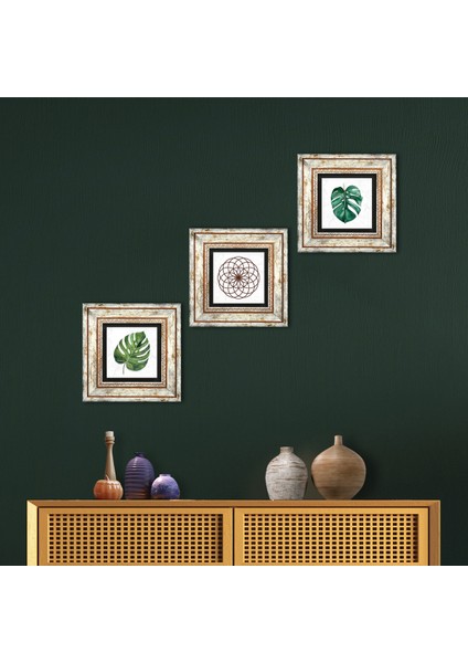 Stone Yaprak, Yaşam Çiçeği Çerçeveli Taş Duvar Tablosu 3’lü Set - Dekoratif Modern Sanat, Ev ve Ofis Dekoru |TK3-411|