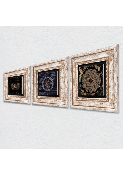 Horus'un Gözü, Nazar, Sri Yantra Taş Duvar Tablosu Çerçeveli Duvar Dekoru 3 Parça Tablo Seti Wall Art T3-43