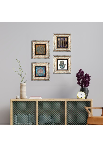 Stone Yaşam Çiçeği, Fatma Ana Eli (Hamsa) Çerçeveli Taş Duvar Tablosu 4’lü Set - Dekoratif Modern Sanat, Ev ve Ofis Dekoru |TK4-416|
