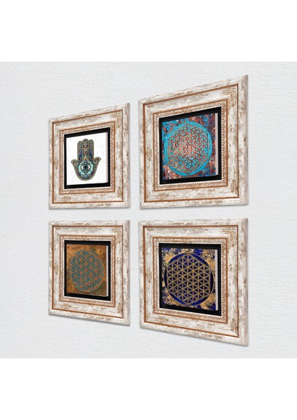 Stone Yaşam Çiçeği, Fatma Ana Eli (Hamsa) Çerçeveli Taş Duvar Tablosu 4’lü Set - Dekoratif Modern Sanat, Ev ve Ofis Dekoru |TK4-416| fiyatları