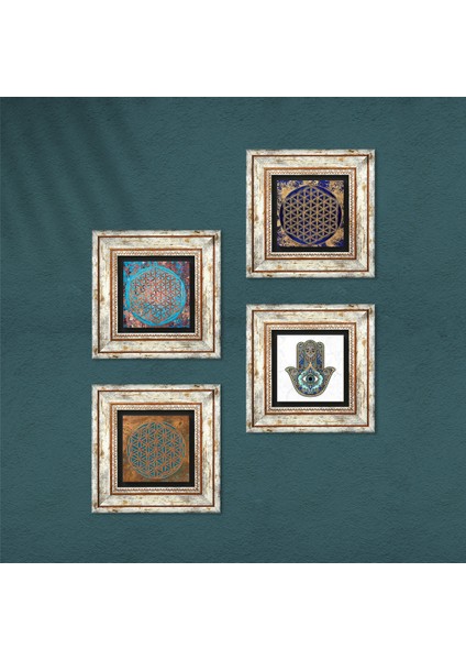 Stone Yaşam Çiçeği, Fatma Ana Eli (Hamsa) Çerçeveli Taş Duvar Tablosu 4’lü Set - Dekoratif Modern Sanat, Ev ve Ofis Dekoru |TK4-416| fırsatları