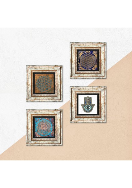 Stone Yaşam Çiçeği, Fatma Ana Eli (Hamsa) Çerçeveli Taş Duvar Tablosu 4’lü Set - Dekoratif Modern Sanat, Ev ve Ofis Dekoru |TK4-416| indirimleri
