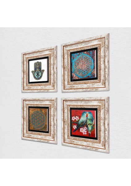 Kuş, Yaşam Çiçeği, Fatma Ana Eli (Hamsa) Taş Duvar Tablosu Çerçeveli Duvar Dekoru 4 Parça Tablo Seti Wall Art T4-431