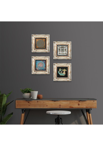 Yaşam Çiçeği, Çini Sanatı, Şahmeran Taş Duvar Tablosu Çerçeveli Duvar Dekoru 4 Parça Tablo Seti Wall Art T4-449