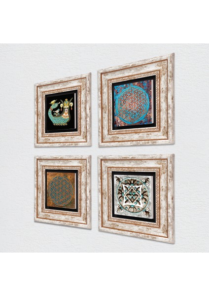 Yaşam Çiçeği, Çini Sanatı, Şahmeran Taş Duvar Tablosu Çerçeveli Duvar Dekoru 4 Parça Tablo Seti Wall Art T4-449