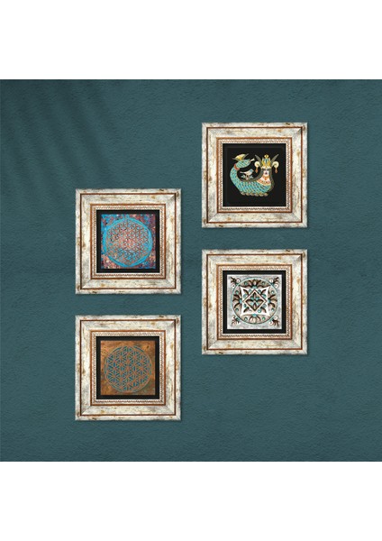 Yaşam Çiçeği, Çini Sanatı, Şahmeran Taş Duvar Tablosu Çerçeveli Duvar Dekoru 4 Parça Tablo Seti Wall Art T4-449
