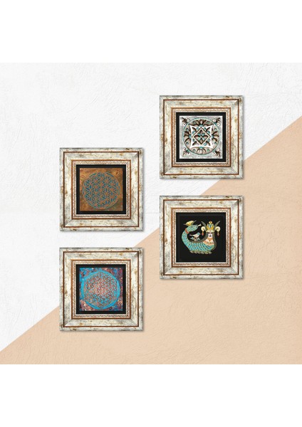 Yaşam Çiçeği, Çini Sanatı, Şahmeran Taş Duvar Tablosu Çerçeveli Duvar Dekoru 4 Parça Tablo Seti Wall Art T4-449