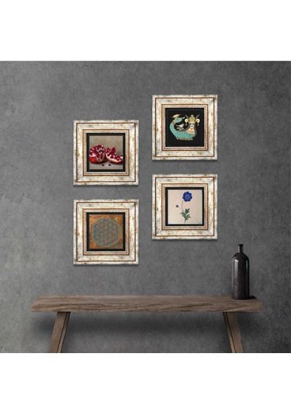Yaşam Çiçeği, Ebru Sanatı, Şahmeran, Nar Taş Duvar Tablosu Çerçeveli Duvar Dekoru 4 Parça Tablo Seti Wall Art T4-765