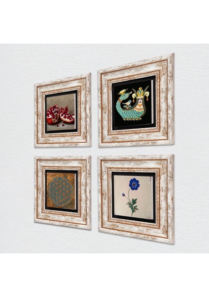 Yaşam Çiçeği, Ebru Sanatı, Şahmeran, Nar Taş Duvar Tablosu Çerçeveli Duvar Dekoru 4 Parça Tablo Seti Wall Art T4-765