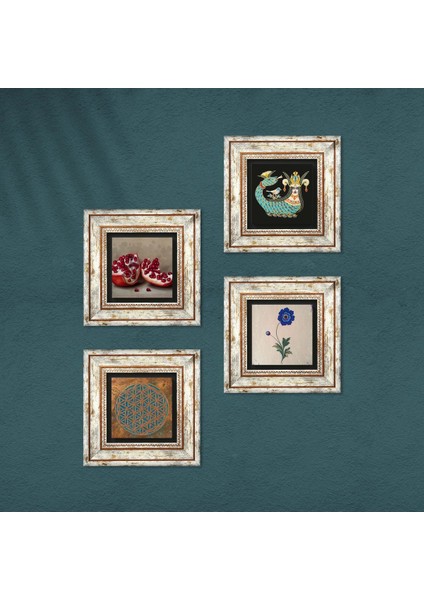 Yaşam Çiçeği, Ebru Sanatı, Şahmeran, Nar Taş Duvar Tablosu Çerçeveli Duvar Dekoru 4 Parça Tablo Seti Wall Art T4-765