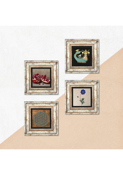 Yaşam Çiçeği, Ebru Sanatı, Şahmeran, Nar Taş Duvar Tablosu Çerçeveli Duvar Dekoru 4 Parça Tablo Seti Wall Art T4-765