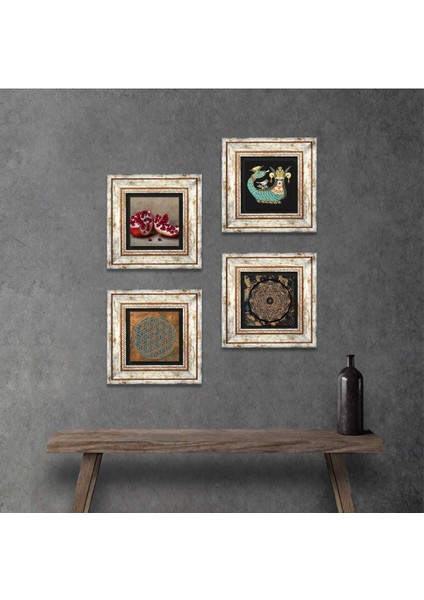 Yaşam Çiçeği, Sri Yantra, Şahmeran, Nar Çerçeveli Taş Duvar Tablosu 4’lü Set - Dekoratif Modern Sanat, Ev ve Ofis Dekoru |TK4-766|