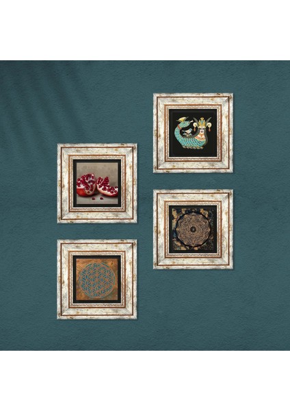 Yaşam Çiçeği, Sri Yantra, Şahmeran, Nar Çerçeveli Taş Duvar Tablosu 4’lü Set - Dekoratif Modern Sanat, Ev ve Ofis Dekoru |TK4-766| fırsatları