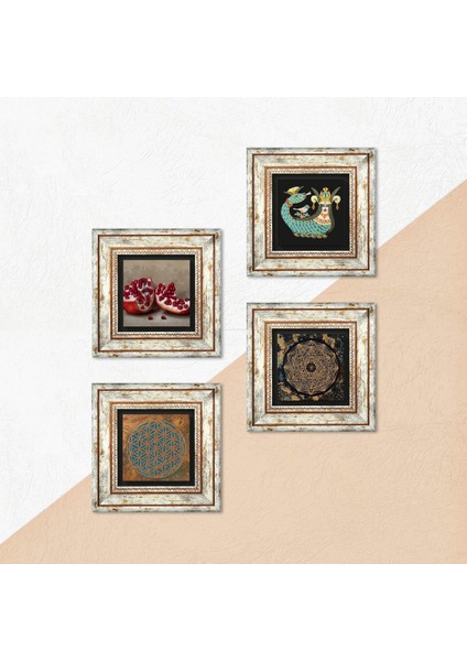 Yaşam Çiçeği, Sri Yantra, Şahmeran, Nar Çerçeveli Taş Duvar Tablosu 4’lü Set - Dekoratif Modern Sanat, Ev ve Ofis Dekoru |TK4-766| indirimleri