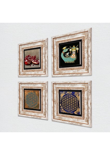 Yaşam Çiçeği, Şahmeran, Nar Taş Duvar Tablosu Çerçeveli Duvar Dekoru 4 Parça Tablo Seti Wall Art T4-769 fiyatları