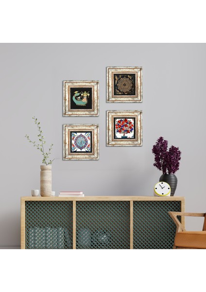 Sri Yantra, Çini Sanatı, Şahmeran, Nar Ağacı Çerçeveli Taş Duvar Tablosu 4’lü Set - Dekoratif Modern Sanat, Ev ve Ofis Dekoru |TK4-261|