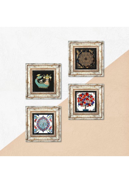 Sri Yantra, Çini Sanatı, Şahmeran, Nar Ağacı Çerçeveli Taş Duvar Tablosu 4’lü Set - Dekoratif Modern Sanat, Ev ve Ofis Dekoru |TK4-261| indirimleri