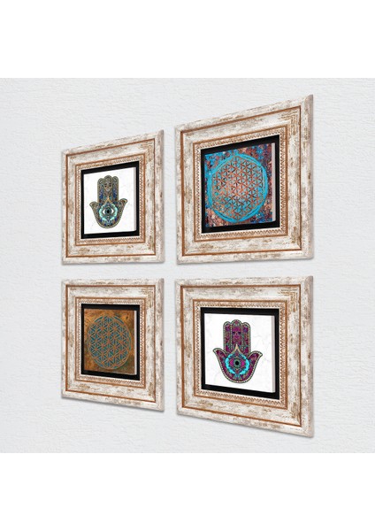 Stone Yaşam Çiçeği, Fatma Ana Eli (Hamsa) Çerçeveli Taş Duvar Tablosu 4’lü Set - Dekoratif Modern Sanat, Ev ve Ofis Dekoru |TK4-410| fiyatları