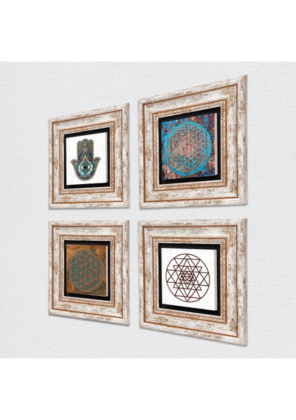 Stone Yaşam Çiçeği, Sri Yantra, Fatma Ana Eli (Hamsa) Çerçeveli Taş Duvar Tablosu 4’lü Set - Dekoratif Modern Sanat, Ev ve Ofis Dekoru |TK4-418| fiyatları