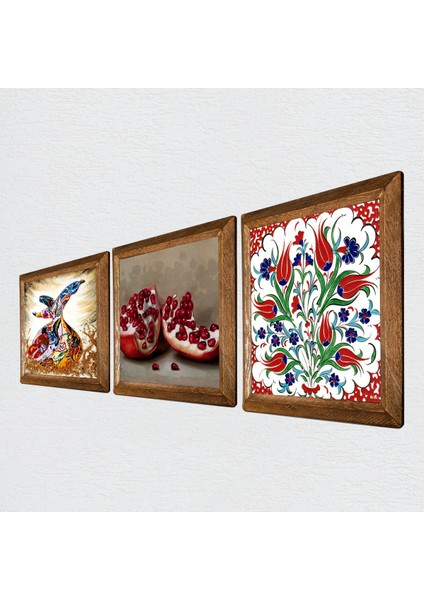 Çini Sanatı Lale, Semazen, Nar Taş Duvar Tablosu Ahşap Çerçeveli Duvar Dekoru 3 Parça Tablo Seti Wall Art W3-877