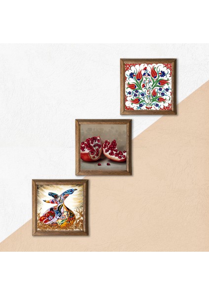 Çini Sanatı Lale, Semazen, Nar Taş Duvar Tablosu Ahşap Çerçeveli Duvar Dekoru 3 Parça Tablo Seti Wall Art W3-877