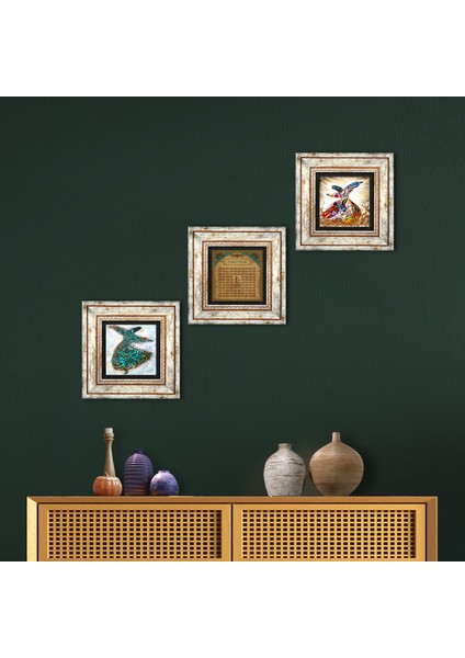 Esma'ül Hüsna, Semazen Taş Duvar Tablosu Çerçeveli Duvar Dekoru 3 Parça Tablo Seti Wall Art T3-230
