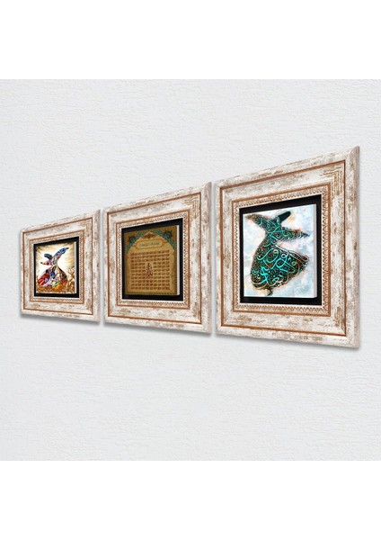 Esma'ül Hüsna, Semazen Taş Duvar Tablosu Çerçeveli Duvar Dekoru 3 Parça Tablo Seti Wall Art T3-230
