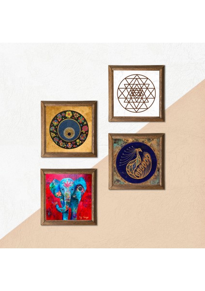 Fil, Tavus Kuşu, Sri Yantra, Nazar Taş Duvar Tablosu Ahşap Çerçeveli Duvar Dekoru 4 Parça Tablo Seti Wall Art W4-317 indirimleri