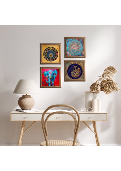 Stone Fil, Yaşam Çiçeği, Tavus Kuşu, Nazar Ahşap Çerçeveli Taş Duvar Tablosu 4’lü Set – 25x25 cm Dekoratif Modern Sanat – Ev ve Ofis Dekoru |W4-321|