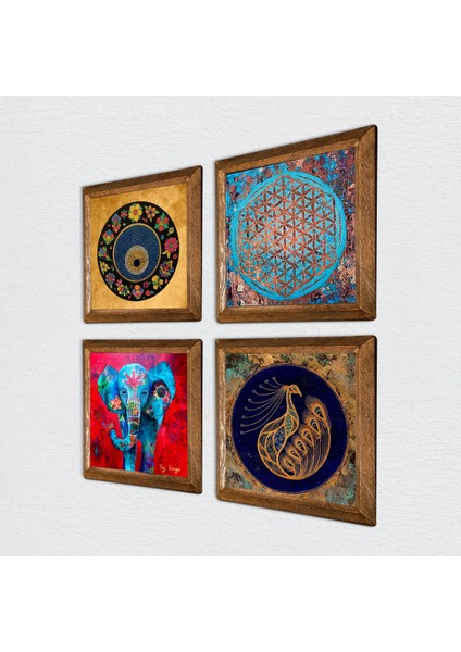 Stone Fil, Yaşam Çiçeği, Tavus Kuşu, Nazar Ahşap Çerçeveli Taş Duvar Tablosu 4’lü Set – 25x25 cm Dekoratif Modern Sanat – Ev ve Ofis Dekoru |W4-321| fiyatları