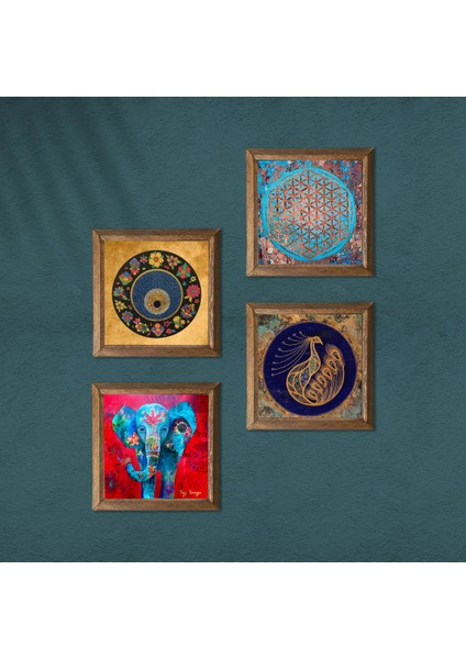Stone Fil, Yaşam Çiçeği, Tavus Kuşu, Nazar Ahşap Çerçeveli Taş Duvar Tablosu 4’lü Set – 25x25 cm Dekoratif Modern Sanat – Ev ve Ofis Dekoru |W4-321| modelleri