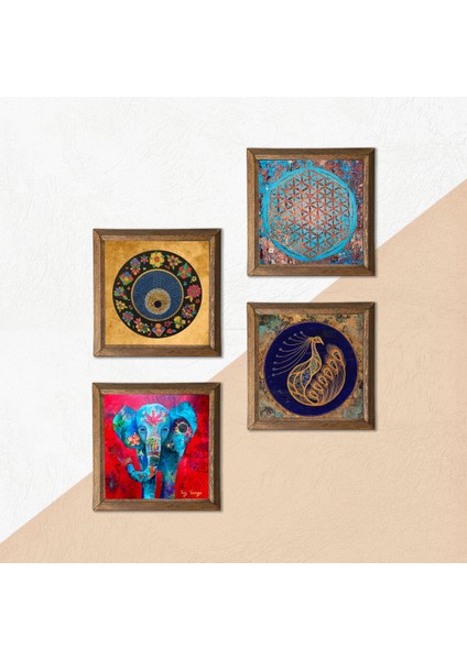 Stone Fil, Yaşam Çiçeği, Tavus Kuşu, Nazar Ahşap Çerçeveli Taş Duvar Tablosu 4’lü Set – 25x25 cm Dekoratif Modern Sanat – Ev ve Ofis Dekoru |W4-321| indirimleri