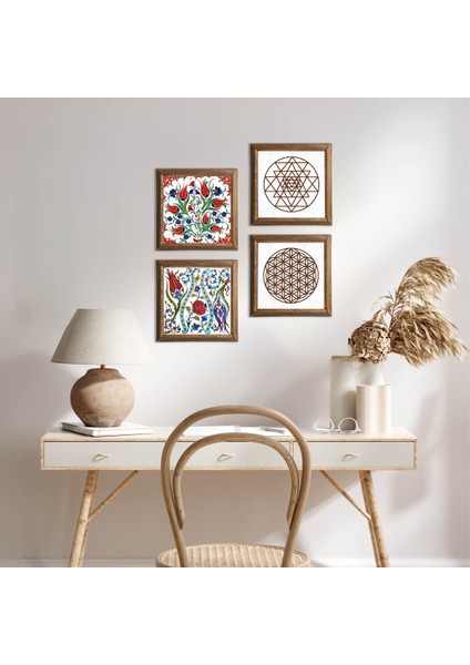 Lale, Yaşam Çiçeği, Sri Yantra Ahşap Çerçeveli Taş Duvar Tablosu 4’lü Set – 25x25 cm Dekoratif Modern Sanat – Ev ve Ofis Dekoru |W4-704|