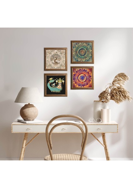Mandala, Şahmeran, Hayat Ağacı Ahşap Çerçeveli Taş Duvar Tablosu 4’lü Set – 25x25 cm Dekoratif Modern Sanat – Ev ve Ofis Dekoru |W4-723|