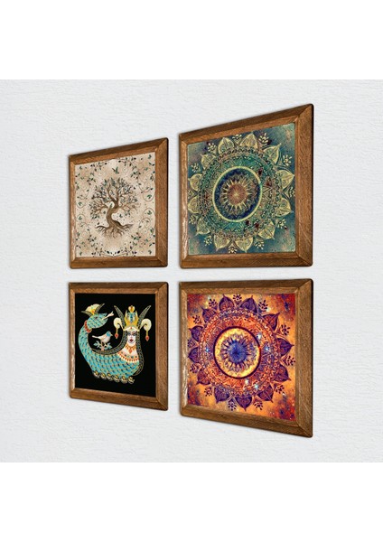 Mandala, Şahmeran, Hayat Ağacı Ahşap Çerçeveli Taş Duvar Tablosu 4’lü Set – 25x25 cm Dekoratif Modern Sanat – Ev ve Ofis Dekoru |W4-723| fiyatları