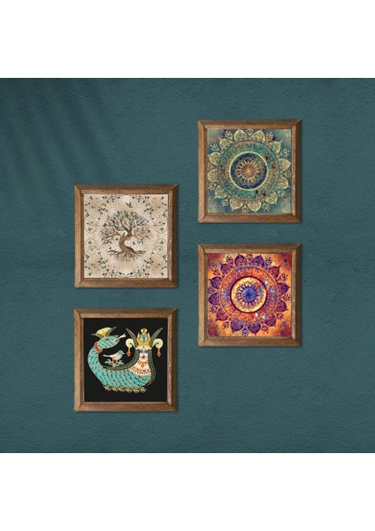 Mandala, Şahmeran, Hayat Ağacı Ahşap Çerçeveli Taş Duvar Tablosu 4’lü Set – 25x25 cm Dekoratif Modern Sanat – Ev ve Ofis Dekoru |W4-723| modelleri