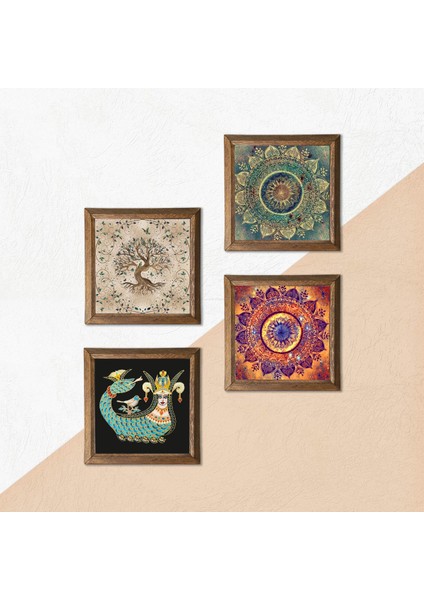 Mandala, Şahmeran, Hayat Ağacı Ahşap Çerçeveli Taş Duvar Tablosu 4’lü Set – 25x25 cm Dekoratif Modern Sanat – Ev ve Ofis Dekoru |W4-723| indirimleri
