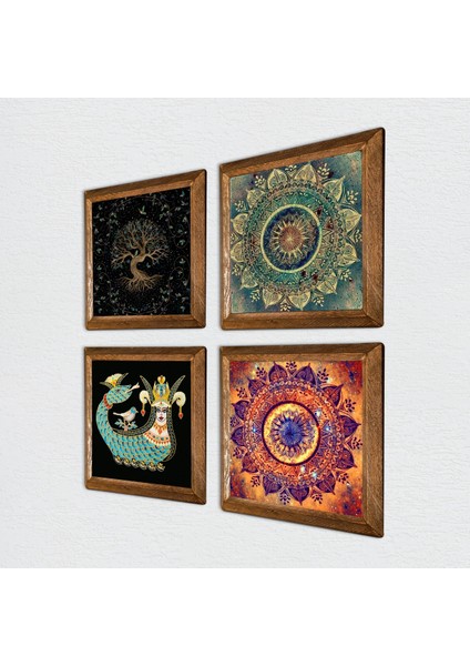 Mandala, Hayat Ağacı, Şahmeran Taş Duvar Tablosu Ahşap Çerçeveli Duvar Dekoru 4 Parça Tablo Seti Wall Art W4-724