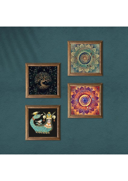 Mandala, Hayat Ağacı, Şahmeran Taş Duvar Tablosu Ahşap Çerçeveli Duvar Dekoru 4 Parça Tablo Seti Wall Art W4-724