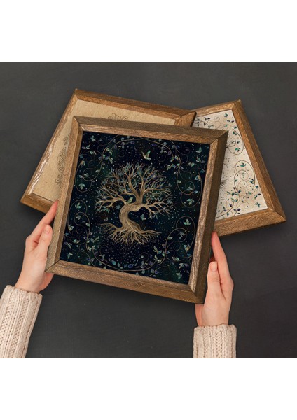 Mandala, Hayat Ağacı, Şahmeran Taş Duvar Tablosu Ahşap Çerçeveli Duvar Dekoru 4 Parça Tablo Seti Wall Art W4-724