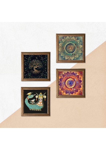 Mandala, Hayat Ağacı, Şahmeran Taş Duvar Tablosu Ahşap Çerçeveli Duvar Dekoru 4 Parça Tablo Seti Wall Art W4-724