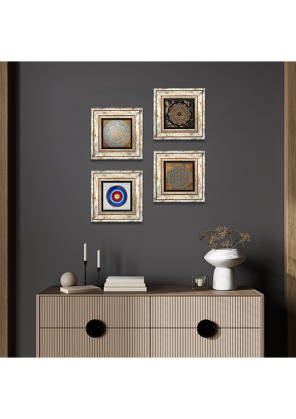 Stone Yaşam Çiçeği, Nazar, Sri Yantra Çerçeveli Taş Duvar Tablosu 4’lü Set - Dekoratif Modern Sanat, Ev ve Ofis Dekoru |TK4-588|