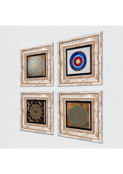 Stone Yaşam Çiçeği, Nazar, Sri Yantra Çerçeveli Taş Duvar Tablosu 4’lü Set - Dekoratif Modern Sanat, Ev ve Ofis Dekoru |TK4-588| fiyatları