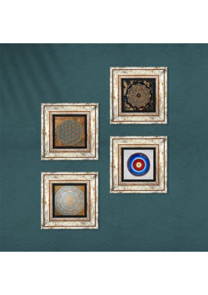Stone Yaşam Çiçeği, Nazar, Sri Yantra Çerçeveli Taş Duvar Tablosu 4’lü Set - Dekoratif Modern Sanat, Ev ve Ofis Dekoru |TK4-588| fırsatları