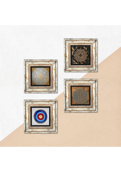 Stone Yaşam Çiçeği, Nazar, Sri Yantra Çerçeveli Taş Duvar Tablosu 4’lü Set - Dekoratif Modern Sanat, Ev ve Ofis Dekoru |TK4-588| indirimleri