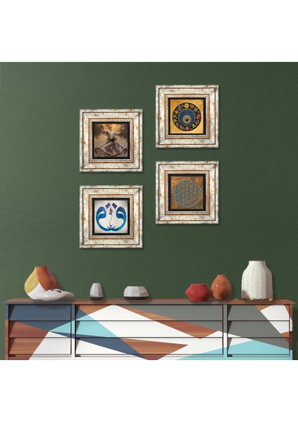 Yaşam Çiçeği, Semazen, Vav, Nazar Taş Duvar Tablosu Çerçeveli Duvar Dekoru 4 Parça Tablo Seti Wall Art T4-591